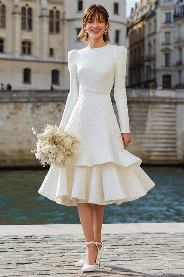 Long Sleeve Ruffled Ivory Midi Engagement Dress